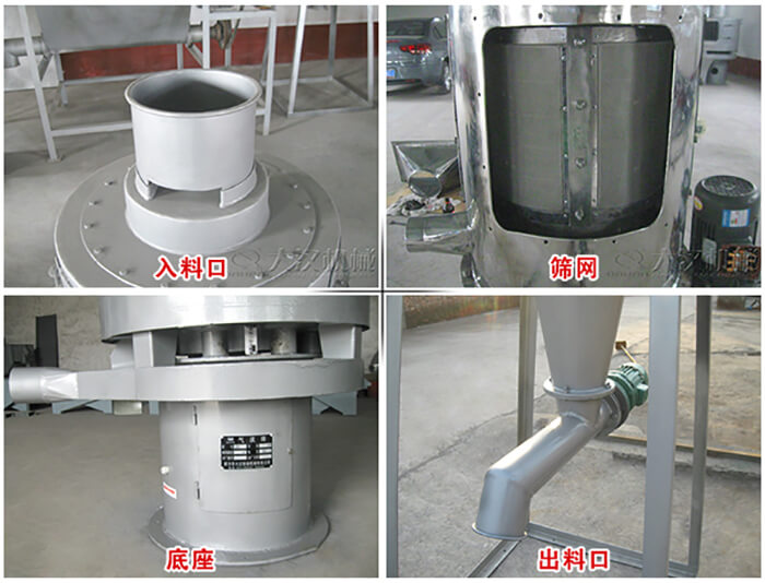 氣流篩部件展示：入料口，篩網，底座，出料口等。