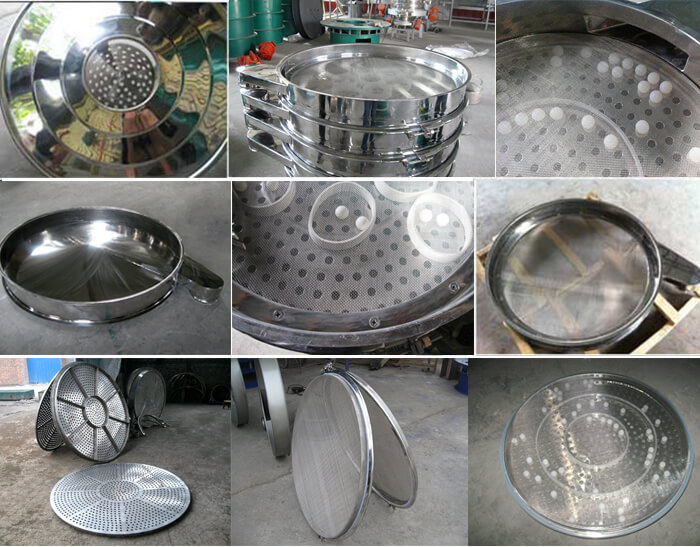 食品振動(dòng)篩細(xì)節(jié)展示：防塵蓋，篩框，網(wǎng)架，底框等。